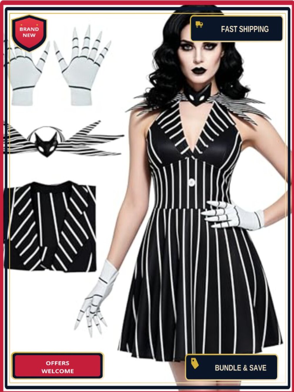 Gothic Striped V-Neck Cosplay Costume Dress with Bowtie Polyester